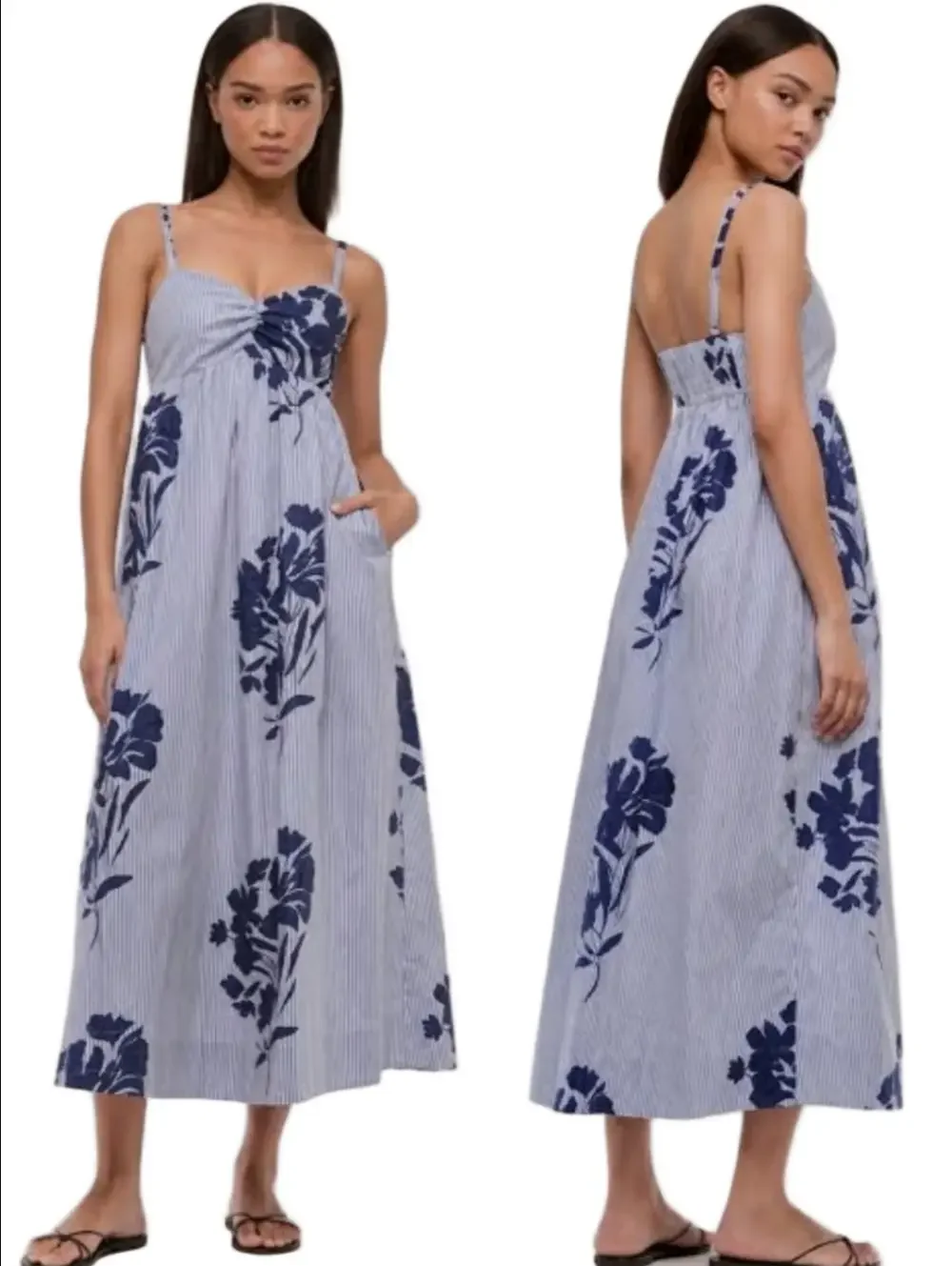 Abercrombie & Fitch Cotton Blue & Navy Floral Stripe Maxi Sun Dress Smocked Back